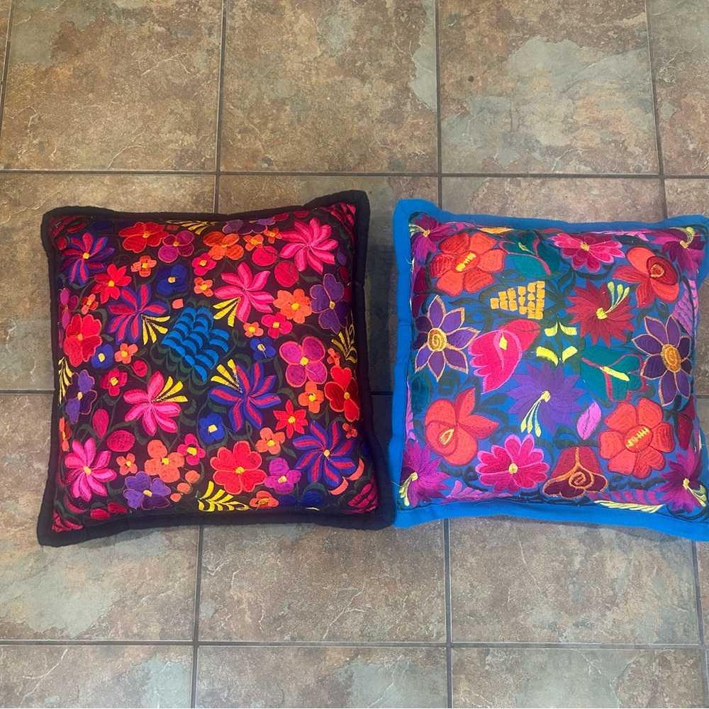 Mexican Chiapas Region Floral Embroidered Throw Pillows Set of 2